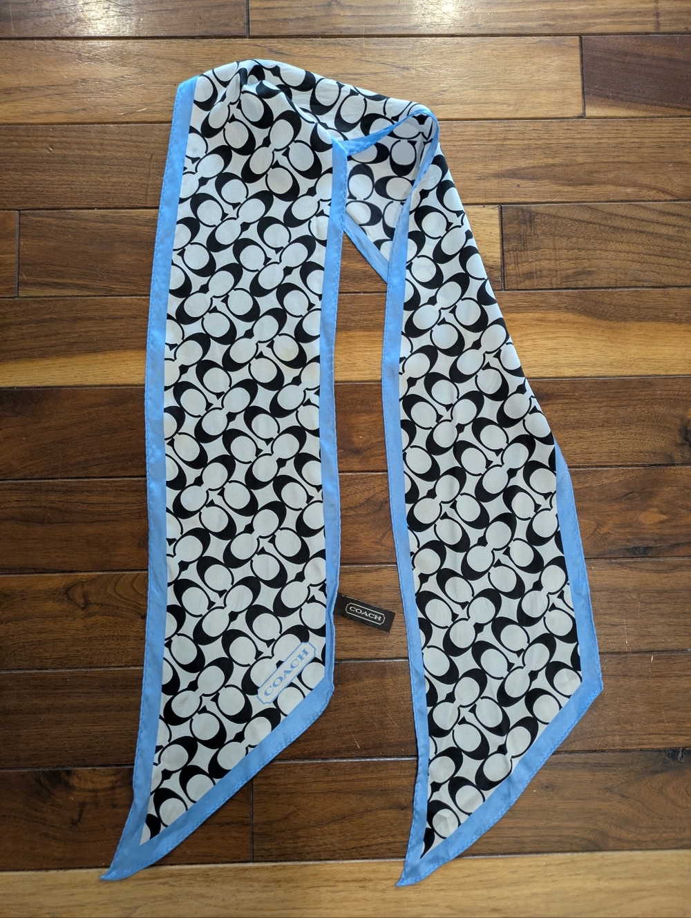 Coach Black & White Signature Twilly with Light Blue Trim